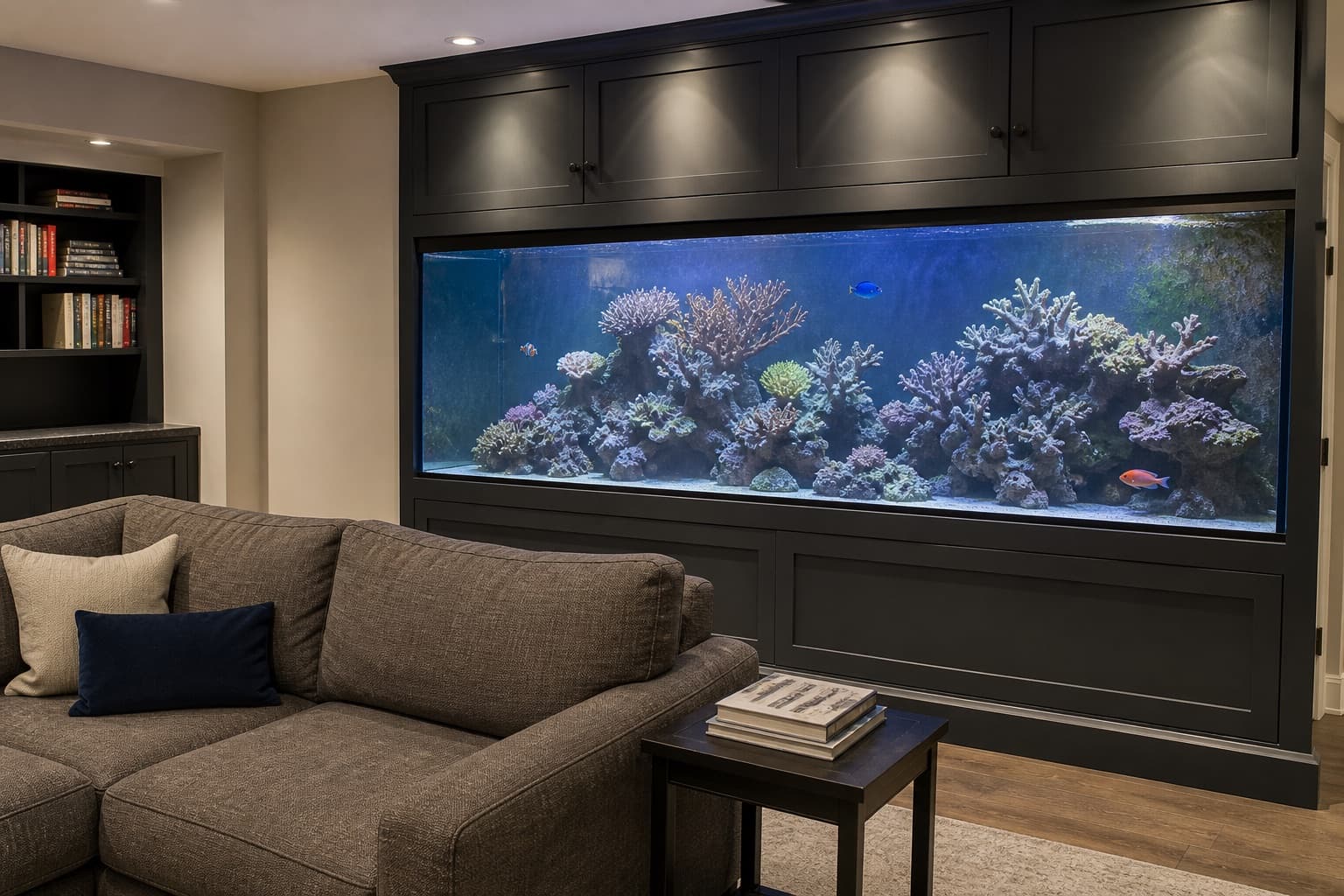 Concept visualization of a built-in reef aquarium in a comfortable basement family room
