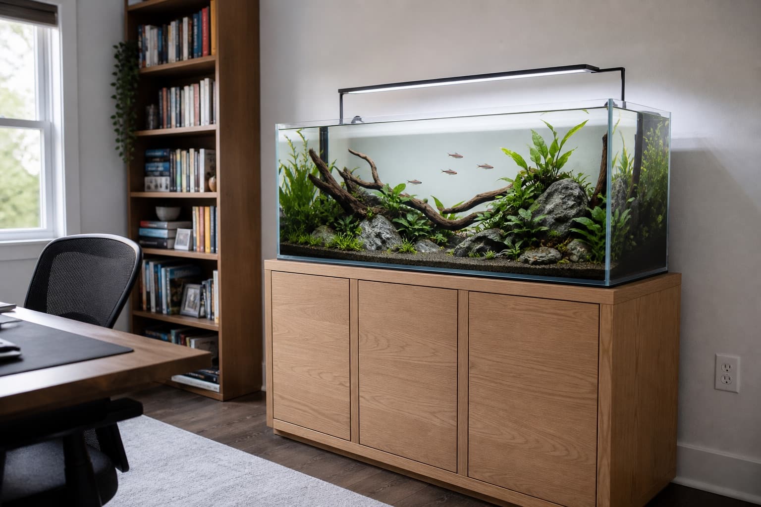 Concept visualization of a freestanding planted freshwater aquarium in a home office