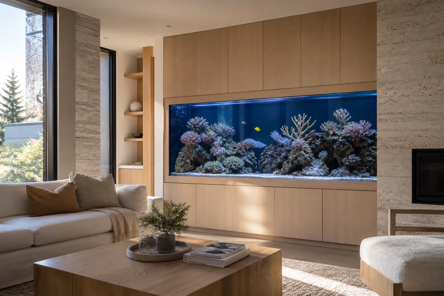 Built-in reef aquarium in a living space