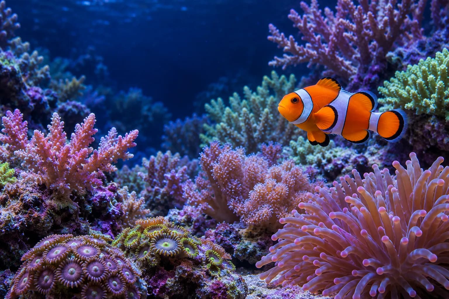 A reef aquarium with colourful coral and a clownfish